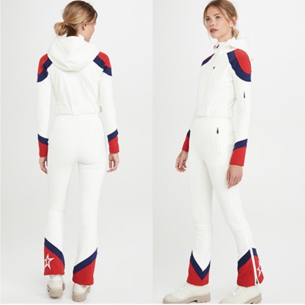 💫Perfect Moment Allos One Piece Ski Suit Snow White/Navy/Red—Medium 💫Like New - Picture 2 of 16